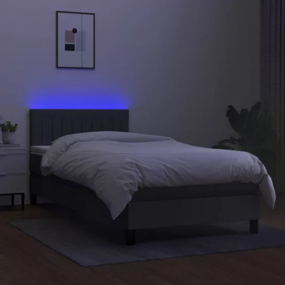 sötétszürke szövet rugós és LED-es ágy matraccal 80 x 200 cm