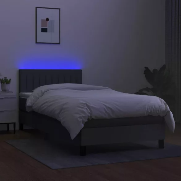 sötétszürke szövet rugós és LED-es ágy matraccal 90x200 cm