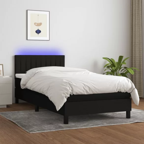 fekete szövet rugós és LED-es ágy matraccal 90x200 cm