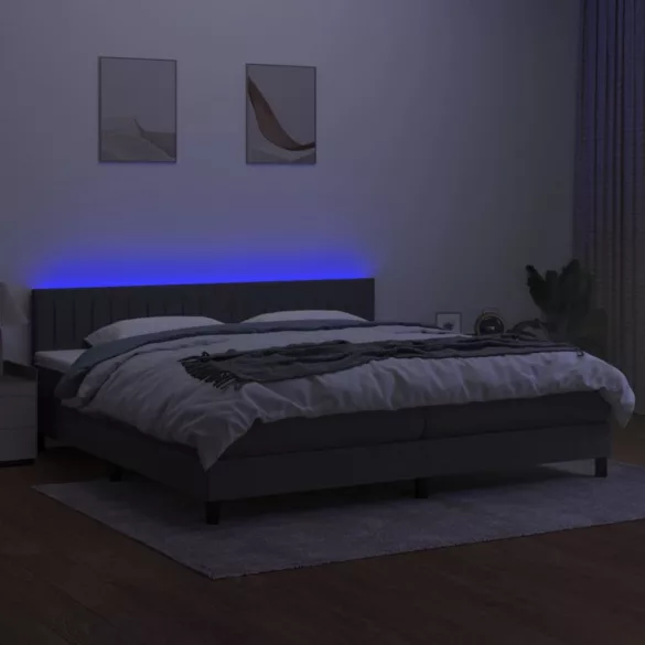sötétszürke szövet rugós és LED-es ágy matraccal 200x200 cm