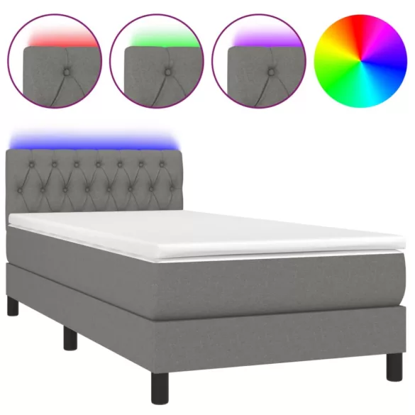 sötétszürke szövet rugós és LED-es ágy matraccal 100x200 cm