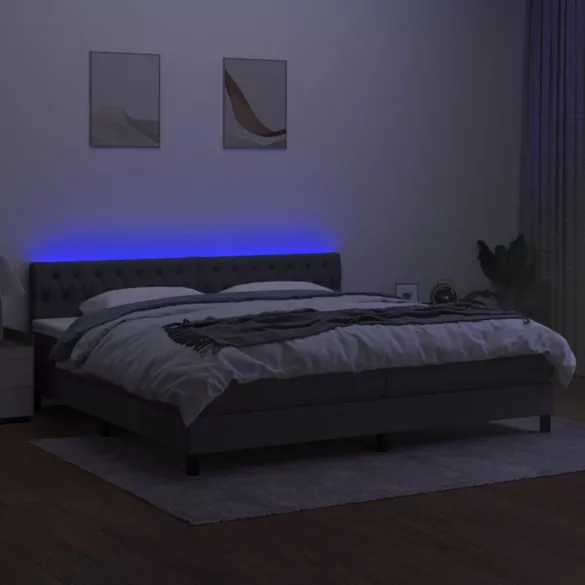 sötétszürke szövet rugós és LED-es ágy matraccal 200x200 cm