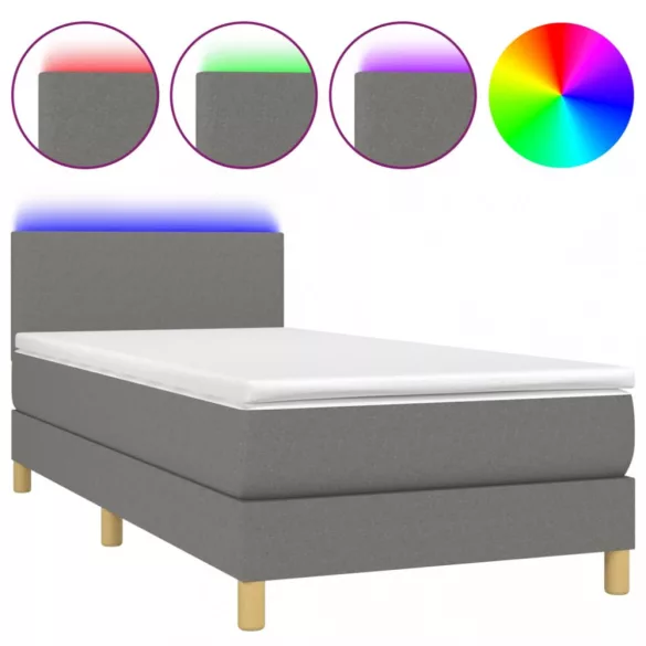 sötétszürke szövet rugós és LED-es ágy matraccal 90x190 cm