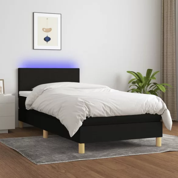 fekete szövet rugós és LED-es ágy matraccal 90x190 cm