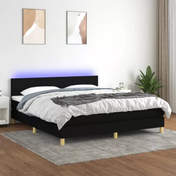 fekete szövet rugós és LED-es ágy matraccal 180 x 200 cm