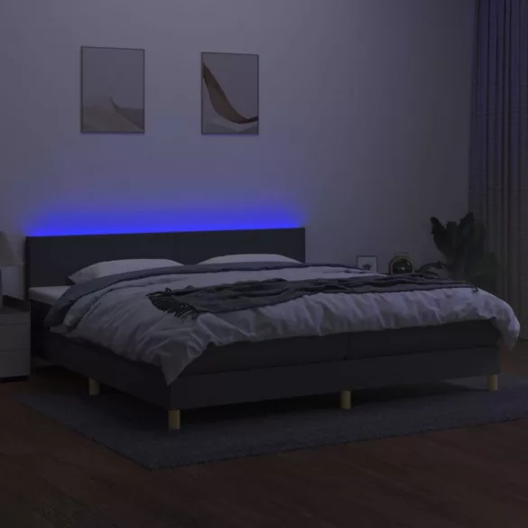 sötétszürke szövet rugós és LED-es ágy matraccal 200x200 cm