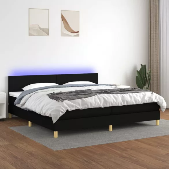 fekete szövet rugós és LED-es ágy matraccal 200x200 cm