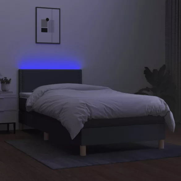 sötétszürke szövet rugós és LED-es ágy matraccal 90x190 cm