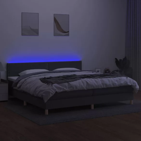 sötétszürke szövet rugós és LED-es ágy matraccal 200x200 cm
