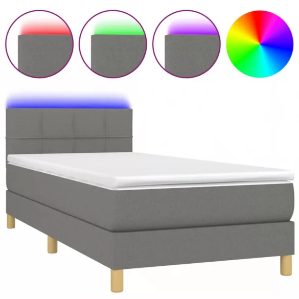 sötétszürke szövet rugós és LED-es ágy matraccal 90x200 cm
