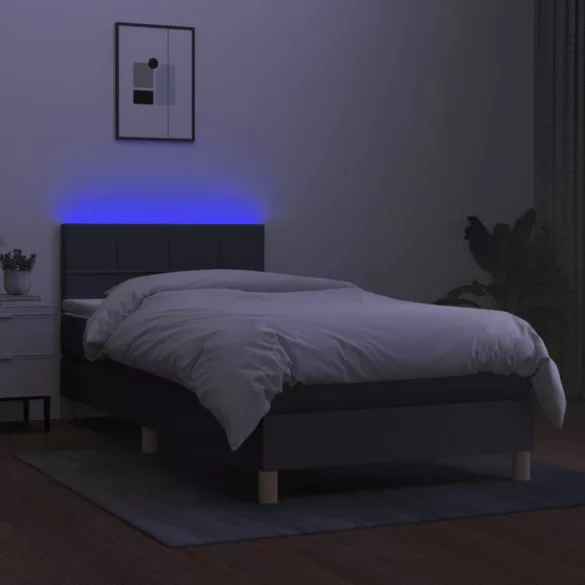 sötétszürke szövet rugós és LED-es ágy matraccal 90x200 cm
