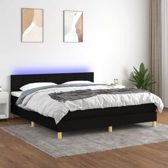 fekete szövet rugós és LED-es ágy matraccal 180 x 200 cm