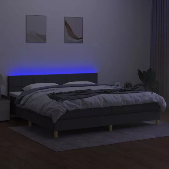 sötétszürke szövet rugós és LED-es ágy matraccal 200x200 cm