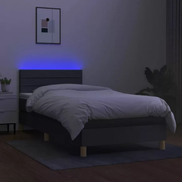 sötétszürke szövet rugós és LED-es ágy matraccal 90x190 cm