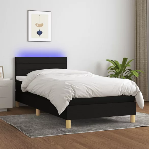 fekete szövet rugós és LED-es ágy matraccal 90x190 cm