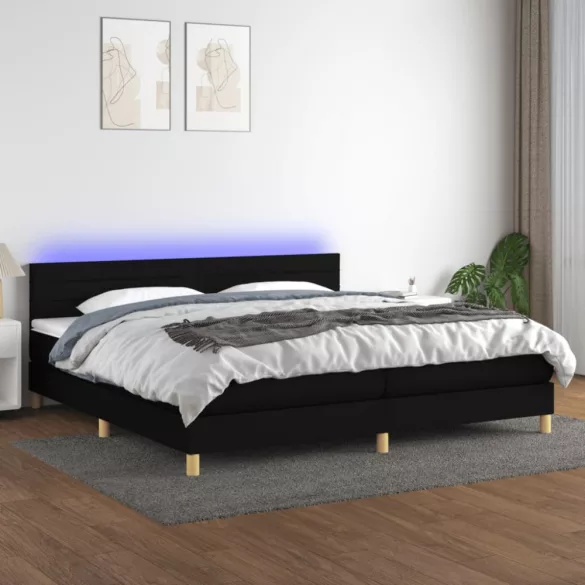 fekete szövet rugós és LED-es ágy matraccal 200x200 cm