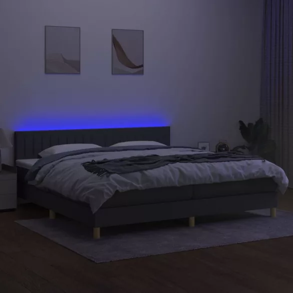 sötétszürke szövet rugós és LED-es ágy matraccal 200x200 cm