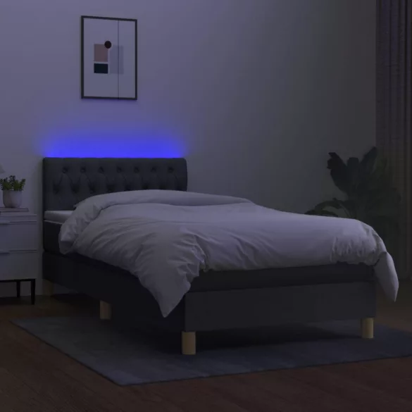 sötétszürke szövet rugós és LED-es ágy matraccal 90x190 cm