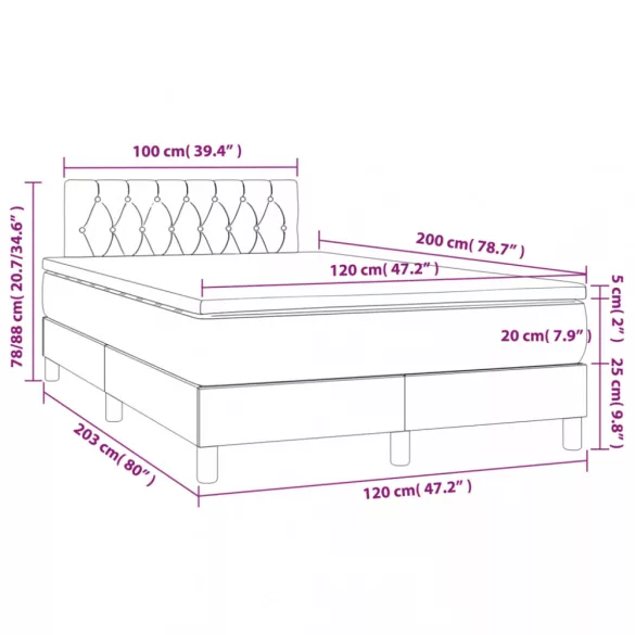 fekete szövet rugós és LED-es ágy matraccal 120 x 200 cm