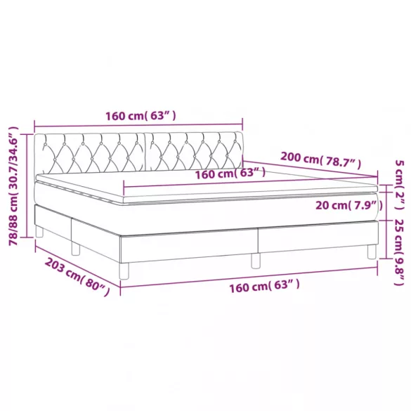 fekete szövet rugós és LED-es ágy matraccal 160x200 cm