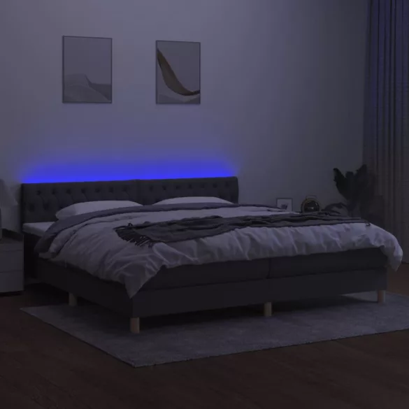 sötétszürke szövet rugós és LED-es ágy matraccal 200x200 cm
