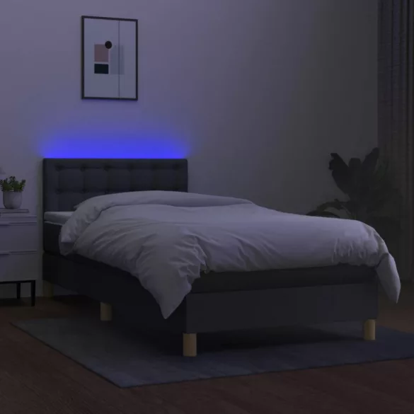 sötétszürke szövet rugós és LED-es ágy matraccal 90x200 cm