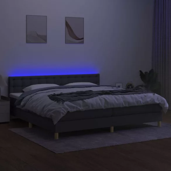 sötétszürke szövet rugós és LED-es ágy matraccal 200x200 cm