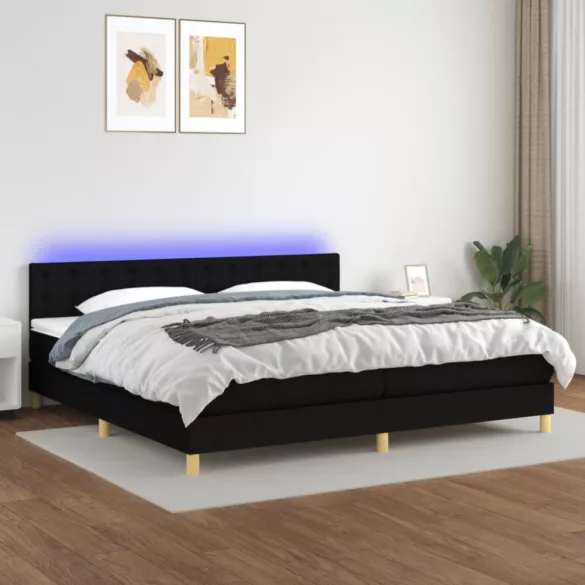 fekete szövet rugós és LED-es ágy matraccal 200x200 cm
