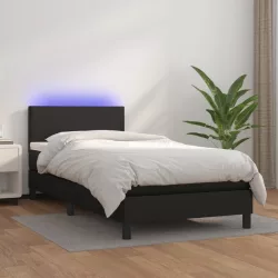 fekete műbőr rugós ágy matraccal és LED-del 80 x 200 cm