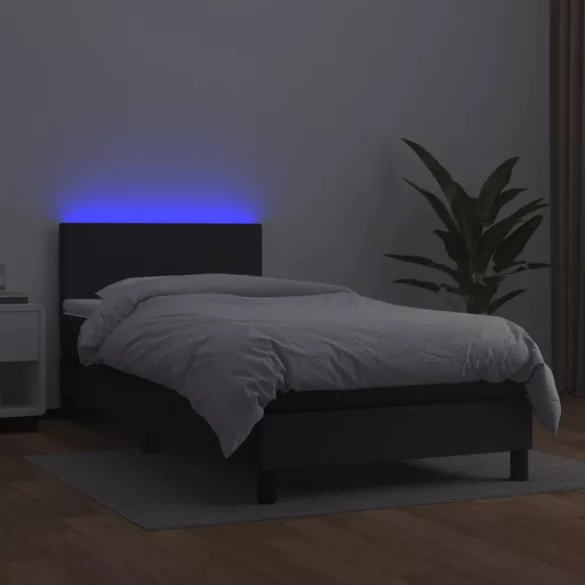 fekete műbőr rugós ágy matraccal és LED-del 80 x 200 cm