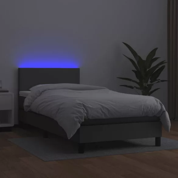 szürke műbőr rugós ágy matraccal és LED-del 80 x 200 cm