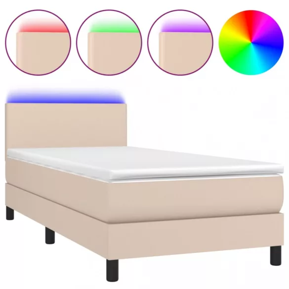cappuccino színű műbőr rugós ágy matraccal és LED-del 80x200 cm