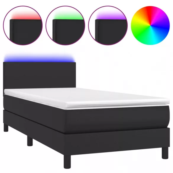 fekete műbőr rugós ágy matraccal és LED-del 90x190 cm