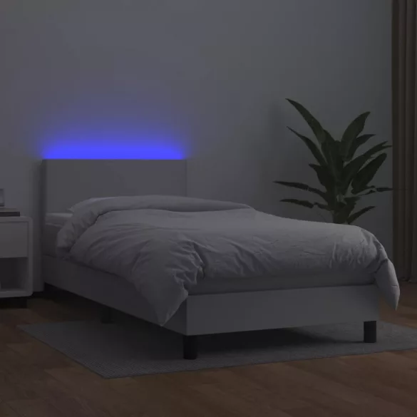 fehér műbőr rugós ágy matraccal és LED-del 90x190 cm