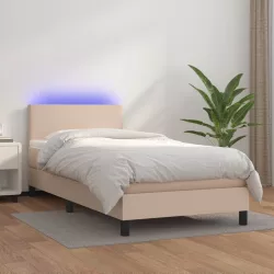   cappuccino színű műbőr rugós ágy matraccal és LED-del 90x190 cm