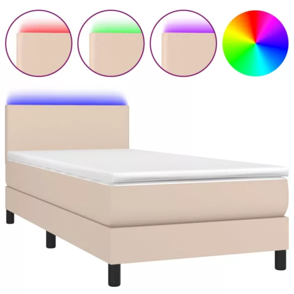 cappuccino színű műbőr rugós ágy matraccal és LED-del 90x190 cm