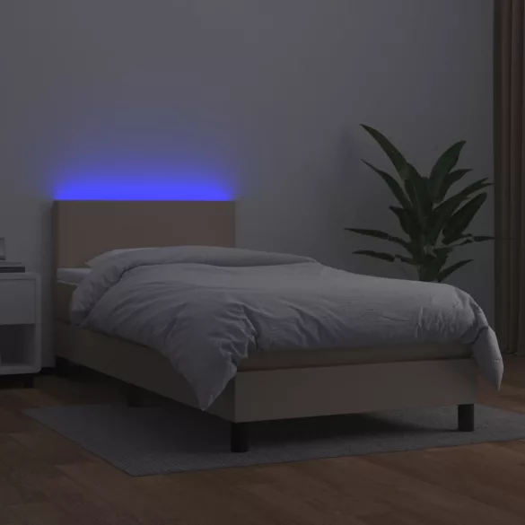 cappuccino színű műbőr rugós ágy matraccal és LED-del 90x190 cm