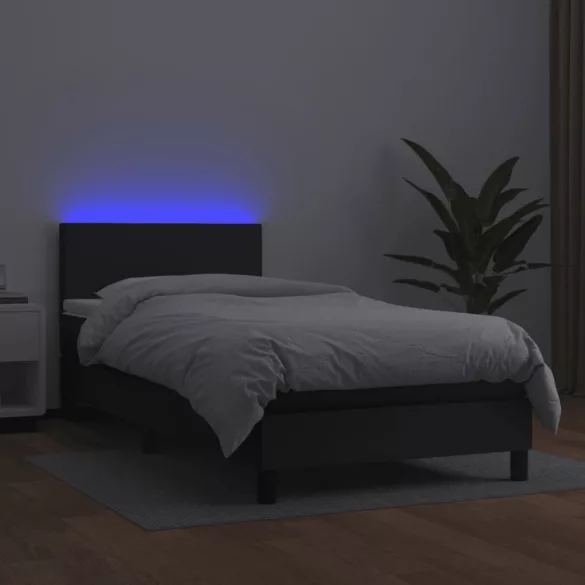 fekete műbőr rugós ágy matraccal és LED-del 100x200 cm