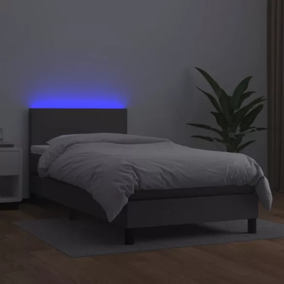 szürke műbőr rugós ágy matraccal és LED-del 100x200 cm