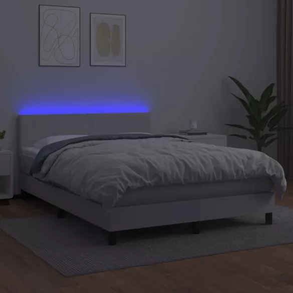 fehér műbőr rugós ágy matraccal és LED-del 140x190 cm