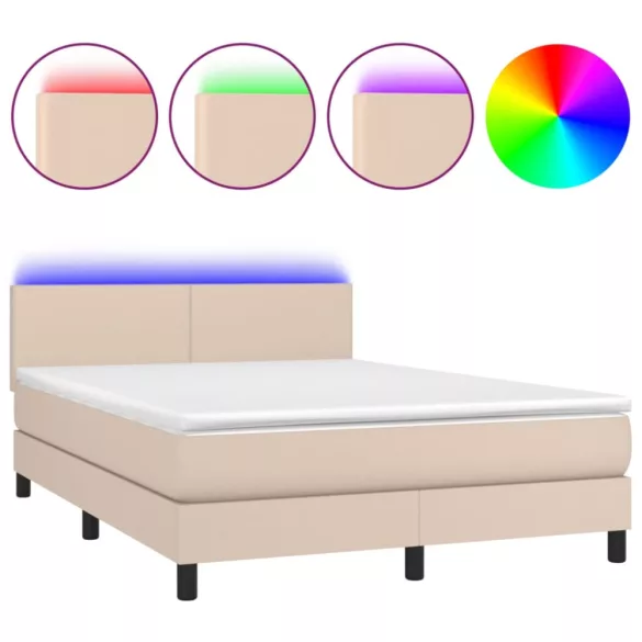 cappuccino színű műbőr rugós ágy matraccal és LED-del 140x190cm
