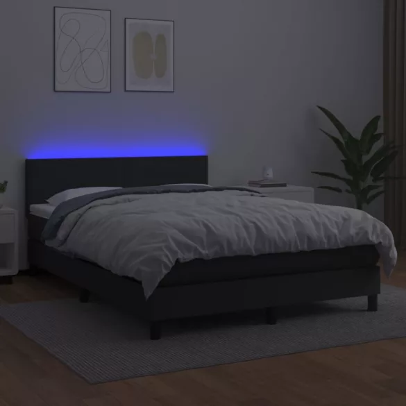 fekete műbőr rugós ágy matraccal és LED-del 140x200 cm