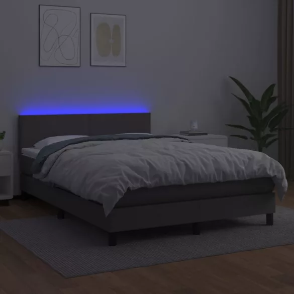 szürke műbőr rugós ágy matraccal és LED-del 140x200 cm