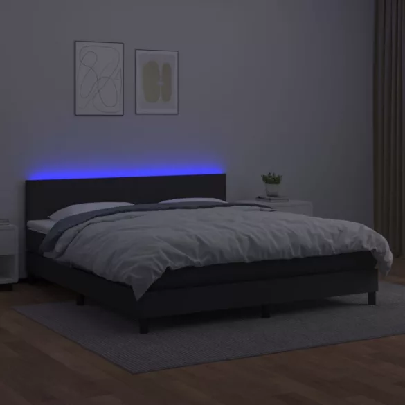 fekete műbőr rugós ágy matraccal és LED-del 160x200 cm