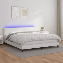 fehér műbőr rugós ágy matraccal és LED-del 160x200 cm