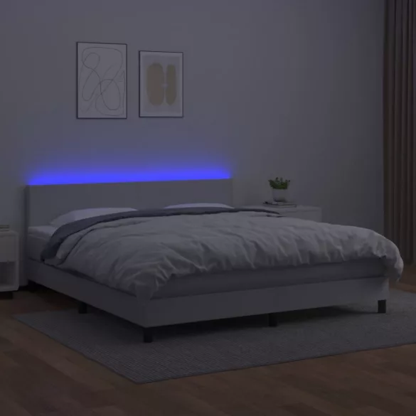 fehér műbőr rugós ágy matraccal és LED-del 160x200 cm