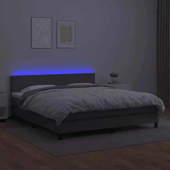 szürke műbőr rugós ágy matraccal és LED-del 160x200 cm