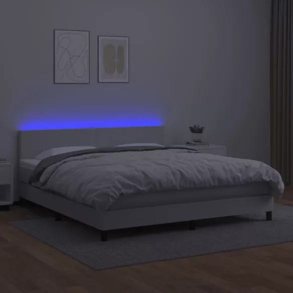 fehér műbőr rugós ágy matraccal és LED-del 180x200 cm