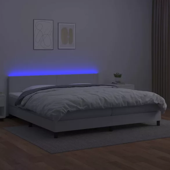 fehér műbőr rugós ágy matraccal és LED-del 200x200 cm