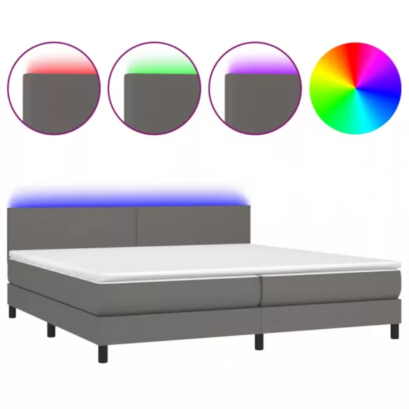 szürke műbőr rugós ágy matraccal és LED-del 200x200 cm